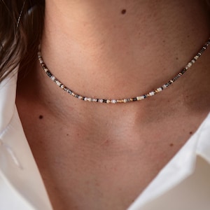 Milky Way - Deep Grays with Gold and Neutral Accents Chic Beaded Choker- Delicate Seed Bead Choker - Stretchy Choker Necklace - Czech Glass