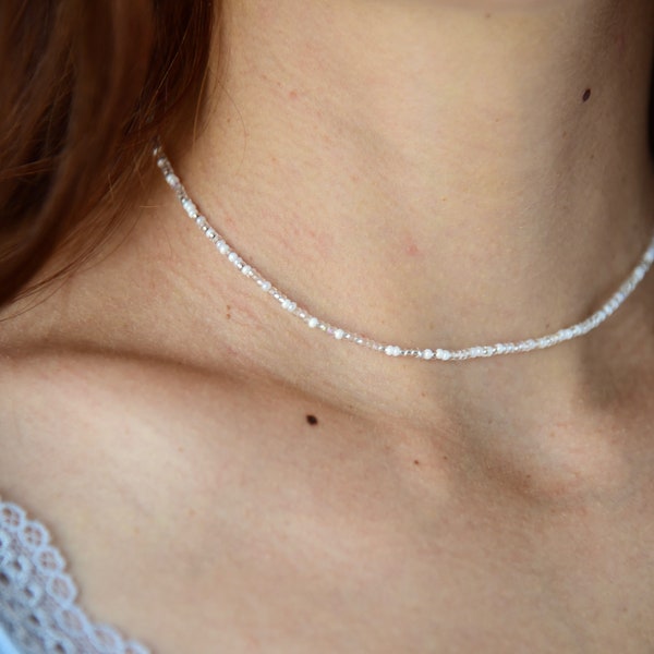 MOONLIGHT - Dreamy White and Crystal Beaded Choker - Single Strand or Double Wrap Choker Options - Dainty Bohemian Necklace - Czech Glass