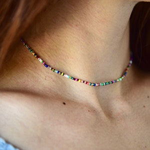 May include: A colorful beaded choker necklace with a variety of small, multi-colored beads.