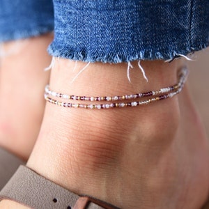 WISTERIA - Dusky Lavender and Neutrals Boho Beaded Anklet - Double Wrap Stretchy Anklet - Dainty Czech Glass Beads - Bohemian Anklet