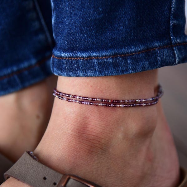NEBULA - Shades of Lavender Purple Anklet - Double Wrap Beaded Ankle Bracelet - Stretchy Beaded Anklet - Czech Glass Beads - Bohemian Anklet