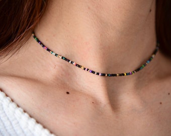 ZENITH - Delicate and Striking Black Rainbow Beaded Choker - Single Strand and Double Wrap Choker Options - Boheme Glass Stretchy Choker