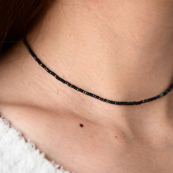 AURORA - Minimalist Black Choker with Hints of Color -  With One Strand or Double Wrap Options - Boheme Beaded Choker - Stretchy Choker