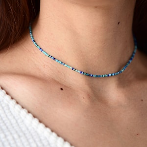 SKYWARD - Lovely Minimalist Rainbow Blue Beaded Choker - Stretchy Choker Necklace(11/0 Petite Beads)