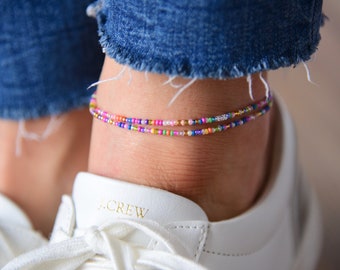FAERIE - Boheme Bright Pastel Beaded Anklet - Dainty Boho Double Wrap Anklet - Stretchy Minimalist Ankle Bracelet - Czech Glass Beads