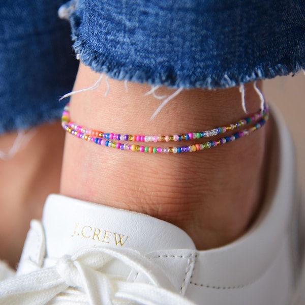 FAERIE - Boheme Bright Pastel Beaded Anklet - Dainty Boho Double Wrap Anklet - Stretchy Minimalist Ankle Bracelet - Czech Glass Beads