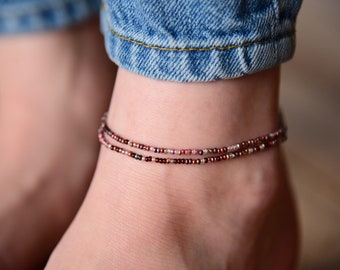 ORCHID - Earthy Cocoa and Purple Beaded Anklet - Double Wrap Anklet - Stretchy Anklet - Dainty Anklet - Bohemian Anklet - Czech Glass Beads
