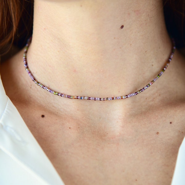 NEBULA - Delicate Purple Boheme Stretchy Beaded Choker - Single Strand or Double Wrap Choker - Dainty Boho Beaded Necklace - Czech Glass