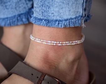 BLOSSOM - Dainty Whites and Peach Neutral Beaded Anklet - Stretchy Seed Bead Anklet - Double Wrap Anklet- Stretchy Boho Anklet - Glass Beads