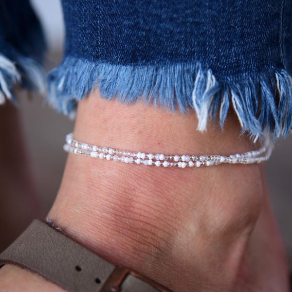 MOONLIGHT - Dreamy White and Crystal Beaded Anklet - Double Wrap Anklet - Bohemian Ankle Bracelet - Anklets for Women - Czech Glass Beads