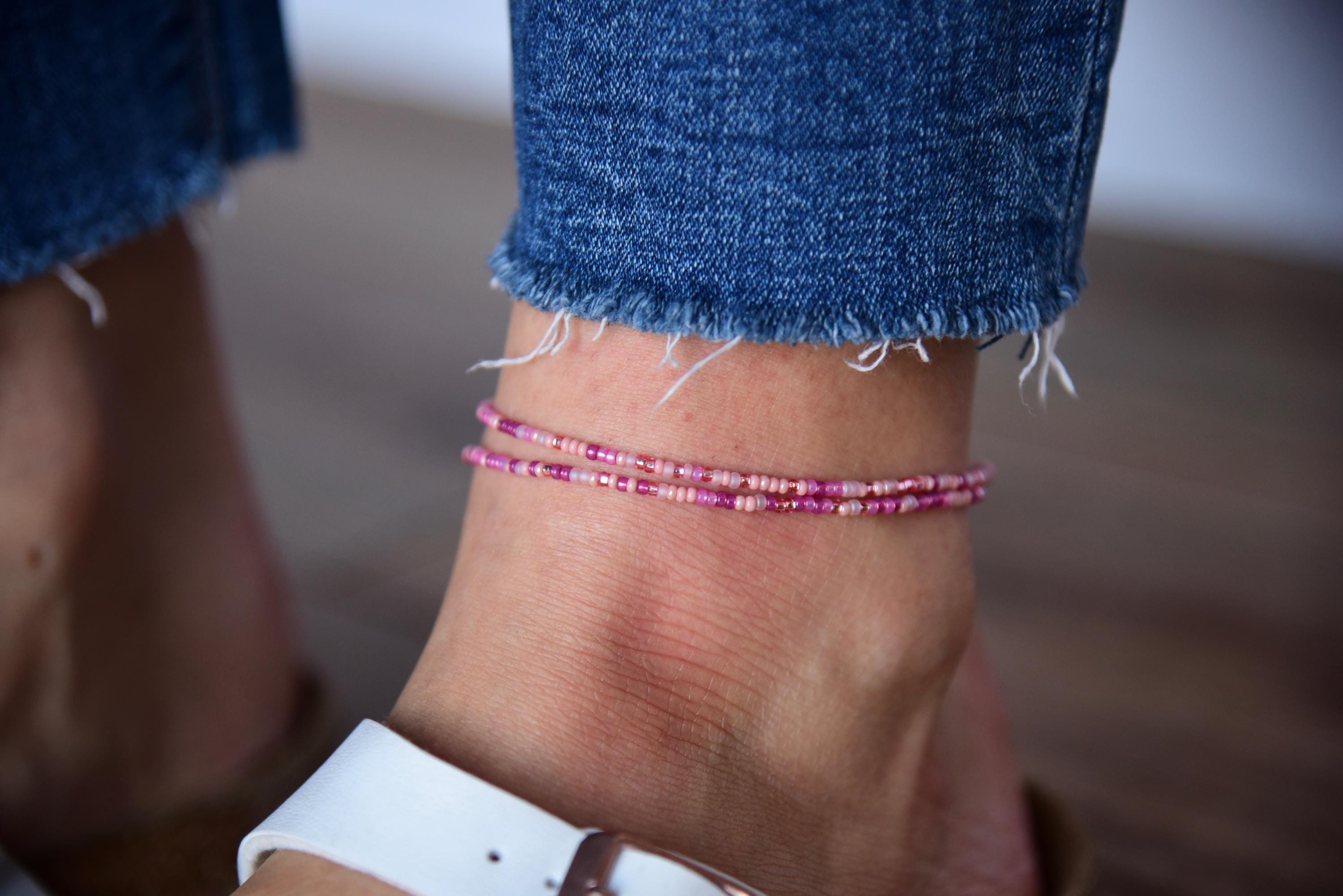 Bella Rosa - Lustrous Shades of Pink Bright Boho Beaded Anklet - Double Wrap Anklet - Stretchy Anklet - Dainty Minimalist Anklet - Bohemian