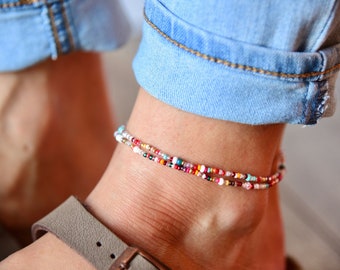 ADORE - Boheme Bright Colorful Beaded Anklet - Double Wrap Anklet - Stretchy Ankle Bracelet - Dainty Anklet - Bohemian Anklet - Czech Glass