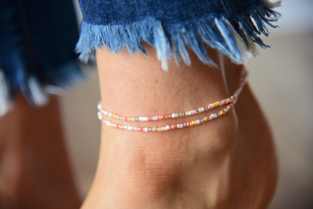 BLOSSOM Dainty Bright Spring Neutral Beaded Anklet Bright Subtle Beaded
