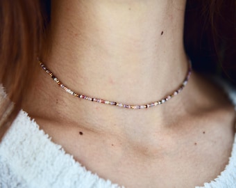 SAHARA - Delicate Warm Desert Shades Beaded Choker - Single Strand and Double Wrap Options - Stretchy Bohemian Necklace - Czech Glass Beads