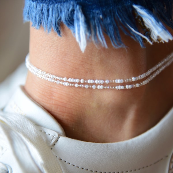 MOONLIGHT - Dreamy White and Crystal Beaded Anklet - Double Wrap Anklet - Bohemian Ankle Bracelet - Anklets for Women - Czech Glass Beads