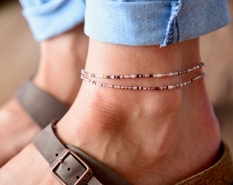 VENUS - Lustrous Shades of Brown and Mauve - Double Wrap Boho Anklet - Ankle Bracelet - Anklets for Women - Beaded Anklet - Czech Glass