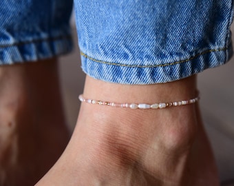 Magnolia - Delicate Pinks and Nuetrals Stretchy Anklet - With or Without 4 Freshwater Pearls - Minimal Ankle Bracelet