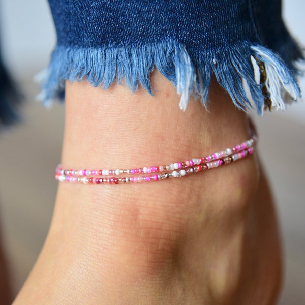 MARGUERITE - Boho Pinks Beaded Anklet - Double Wrap Anklet - Stretchy Ankle Bracelet - Dainty Anklet - Bohemian Anklet - Czech Glass Beads