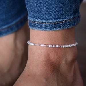 STARRY NIGHT - Classic Dreamy White and Crystal Beaded Anklet - Single Strand - Anklets for Women - Dainty Beach Anklet - Czech Glass Beads
