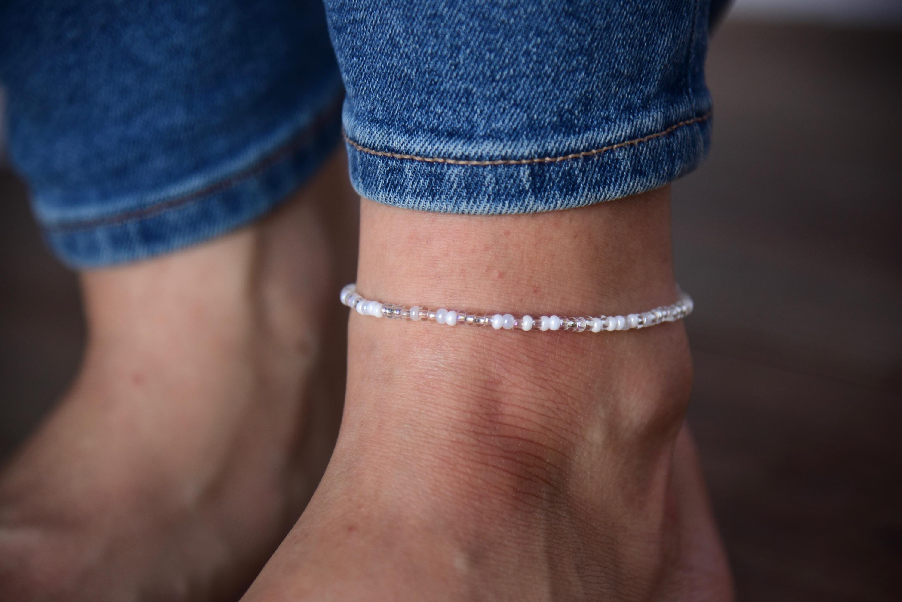 STARRY NIGHT - Classic Dreamy White and Crystal Beaded Anklet - Single Strand - Anklets for Women - Dainty Beach Anklet - Czech Glass Beads