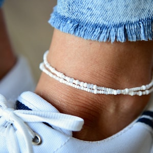 LOTUS - Dreamy White Beaded Anklet - Delicate Double Wrap Anklet - Bohemian Ankle Bracelet - Anklets for Women - Czech Glass Beads