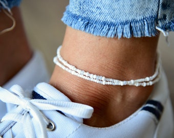 LOTUS - Dreamy White Beaded Anklet - Delicate Double Wrap Anklet - Bohemian Ankle Bracelet - Anklets for Women - Czech Glass Beads