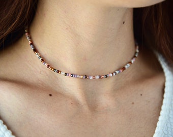 DUSK - Warm Colorful Stretchy Choker - Boho Necklace - Beaded Choker Necklace - Choker Necklace Women - Beachy Choker - Glass Beads