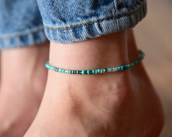 OASIS - Seaside Blue Beaded Anklet - Stretchy Anklet - Single Strand Anklet for Women - Beachy Anklet - Czech Glass beads - Bohemian Anklet