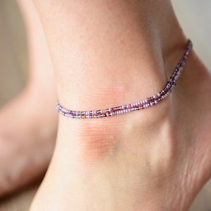 NEBULA - Dainty Lavender Shades Anklet - Double Wrap Beaded Ankle Bracelet - Stretchy Beaded Anklet - Czech Glass Beads - Bohemian Anklet