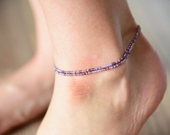 NEBULA Dainty Lavender Shades Anklet Double Wrap Beaded Ankle