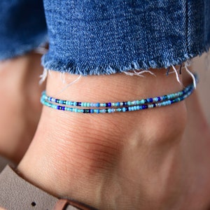 SKYWARD - Lovely Multi Hued Blue Beaded Anklet - Dainty Double Wrap Anklet - Stretchy Ankle Bracelet - Bohemian Anklet - Czech Glass Beads