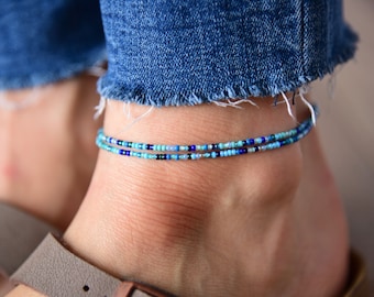 SKYWARD - Lovely Multi Hued Blue Beaded Anklet - Dainty Double Wrap Anklet - Stretchy Ankle Bracelet - Bohemian Anklet - Czech Glass Beads