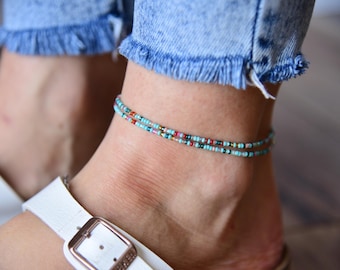 Surf's Up - Sea Blue with Colors Stretchy Beaded Anklet - Dainty(11/0 small seed bead) Double-wrap Ankle Bracelet - Czech Glass Beads
