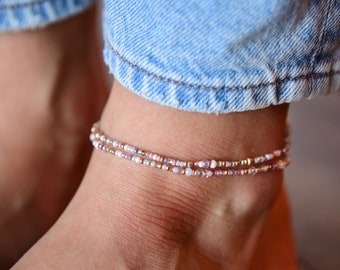 SHELL - Dreamy Subtle Shell Colors Beaded Anklet - Stretchy Double Wrap Boho Anklet - Dainty Ankle Bracelet - Czech Glass Summer Jewelry