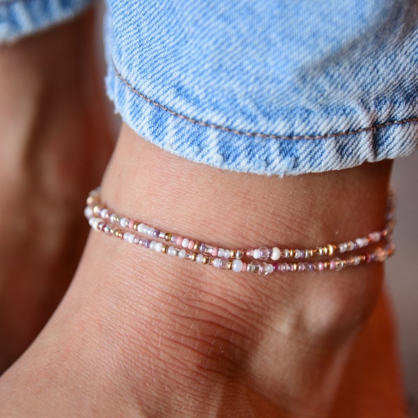 SHELL - Dreamy Subtle Shell Colors Beaded Anklet - Stretchy Double Wrap Boho Anklet - Dainty Ankle Bracelet - Czech Glass Summer Jewelry