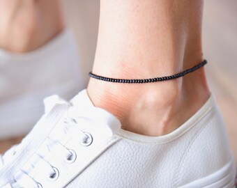 BLACK SPHINX - Classic Black Beaded Anklet - Bohemian Anklet - Stretchy Anklet - Ankle Bracelet - Anklets for Women - Glass Beads - Gift