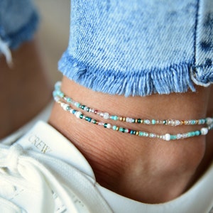 SAIL AWAY - Sea Blue and Crystal Dainty Beaded Anklet - Double Wrap Stretchy Anklet - Beachy Anklet - Dainty Bohemian Anklet