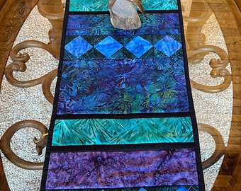 Fused Glass Inspired Quilted Table Runner - Blues, Greens, and Purples