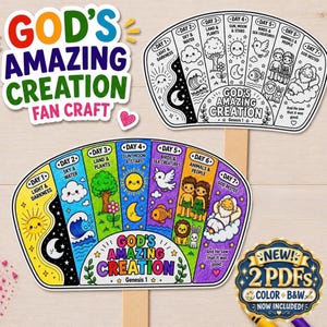 May include: A fan craft titled GOD'S AMAZING CREATION featuring seven segments illustrating the days of creation. One version is black and white, the other is coloured. Includes a badge stating NEW! 2 PDFs COLOUR & B&W NOW INCLUDED! and a small pink heart.