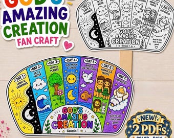 May include: A fan craft titled GOD'S AMAZING CREATION featuring seven segments illustrating the days of creation. One version is black and white, the other is colored. Includes a badge stating NEW! 2 PDFs COLOR & B&W NOW INCLUDED! and a small pink heart.