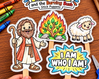 Bastelidee: Moses' brennender Dornbusch | Moses-Stabpuppen | Moses-Bastelvorlage aus der Bibel | 2. Mose 3,14 (zum Ausdrucken) | Bastelidee für die Kinderbibelwoche | Kinderbibelwoche | Ich bin, wer ich bin
