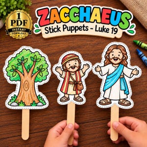 May include: A set of three paper stick puppets featuring a tree, a man in a striped tunic, and a figure in a white robe with a blue sash. The header text reads ZACCHAEUS Stick Puppets - Luke 19. Each cutout is attached to a wooden craft stick.