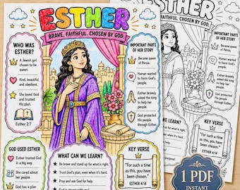 May include: A colorful educational activity sheet about Esther featuring a central illustration of a queen in a purple robe and gold crown, surrounded by text boxes detailing her story, key verses, and lessons, with a matching black and white version.