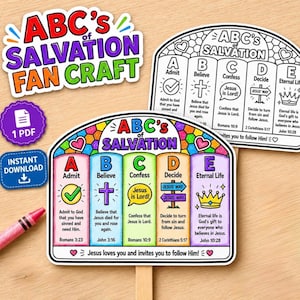 May include: An ABC's of Salvation fan craft kit featuring a colorful, multi-sectioned fan with letters A through E, each representing a step of faith with text and illustrations. Includes a black and white version, a PDF icon, and a download icon.