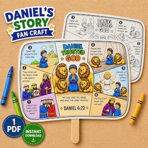 May include: A fan craft kit titled Daniel's Story featuring a colorful illustrated wheel depicting the biblical story of Daniel in the lions' den with six numbered scenes, text, and a central image of Daniel with lions, accompanied by three crayons.