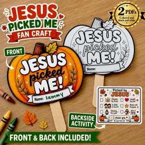 May include: A craft kit featuring two pumpkin-shaped cutouts with the text 'JESUS picked ME!' and a rectangular card with checkboxes labeled 'Picked by JESUS'. One pumpkin is colored orange, the other is black and white for coloring.