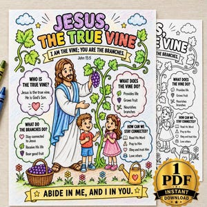 May include: A colorful educational poster titled Jesus, The True Vine, featuring an illustration of Jesus with two children, grapevines, and text boxes explaining biblical concepts. The design includes clouds, flowers, and a basket of grapes.