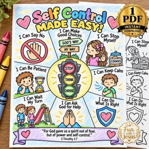 Self Control Colotring Page | Self Control for Kids | Emotional Regulation Kids | Self Control Lesson | Self Control Stoplight Print | VBS