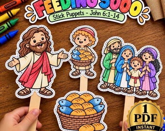 Bastelidee: Die Speisung der 5000 | Jesus speist 5000 – Stabpuppen | Bastelidee für den Sonntagsschulunterricht | Aktivität für die Kinderbibelwoche | Ausmalbilder zu den Wundern Jesu