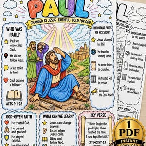 Puede incluir: Una hoja de trabajo educativa colorida titulada PAUL, con una ilustración central de un hombre con túnica azul mirando hacia una luz brillante del cielo. La página incluye secciones de texto sobre su vida, fe y versículos clave.